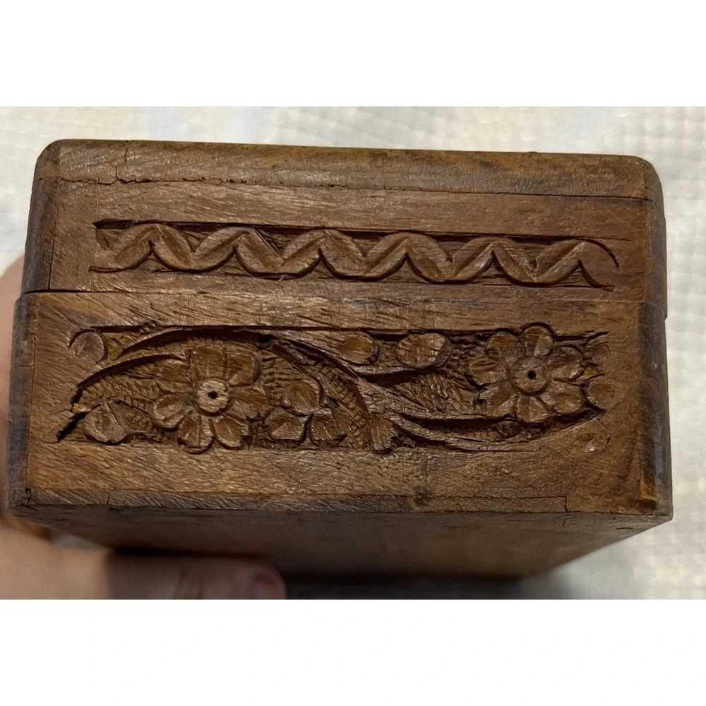 Vintage Hand Carved Wooden Rectangular Decorative‎ Box Owl Floral Pattern, Small